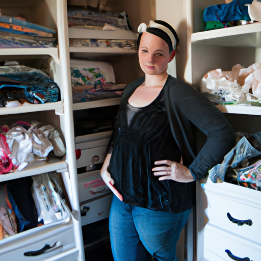 אמא טרייה עומדת מול ארון הבגדים המאורגן שלה לאחר לידה, מלאה באפשרויות לבוש מסוגננות ופרקטיות.