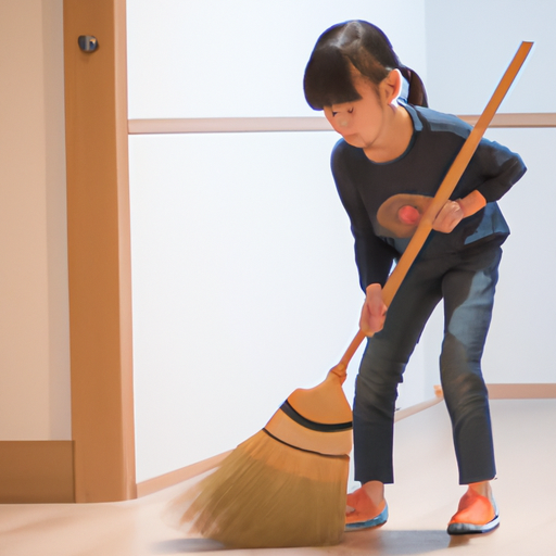 ילד חייכן משתמש במטאטא בגודל ילד כדי לטאטא את רצפת הסלון.